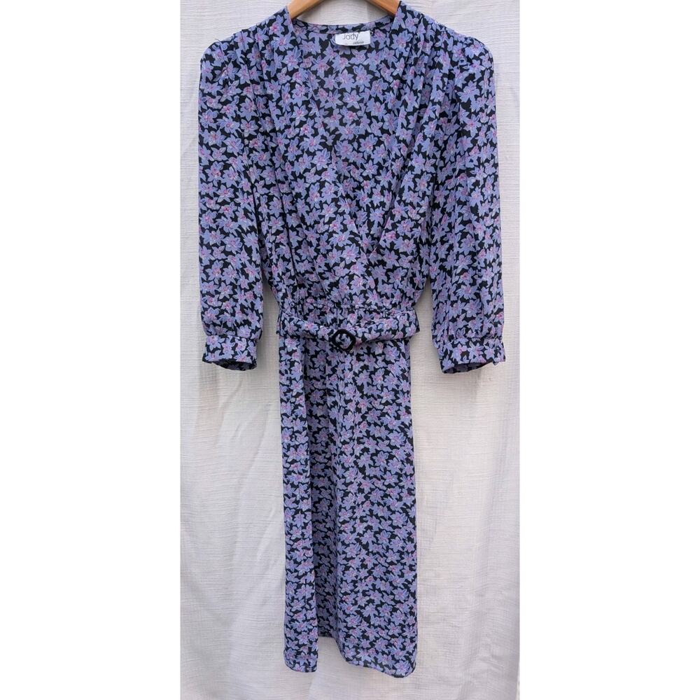 Jody California Womens Floral V Neck Belted Dress M 90s Cuffed Sleeves Feminine‎